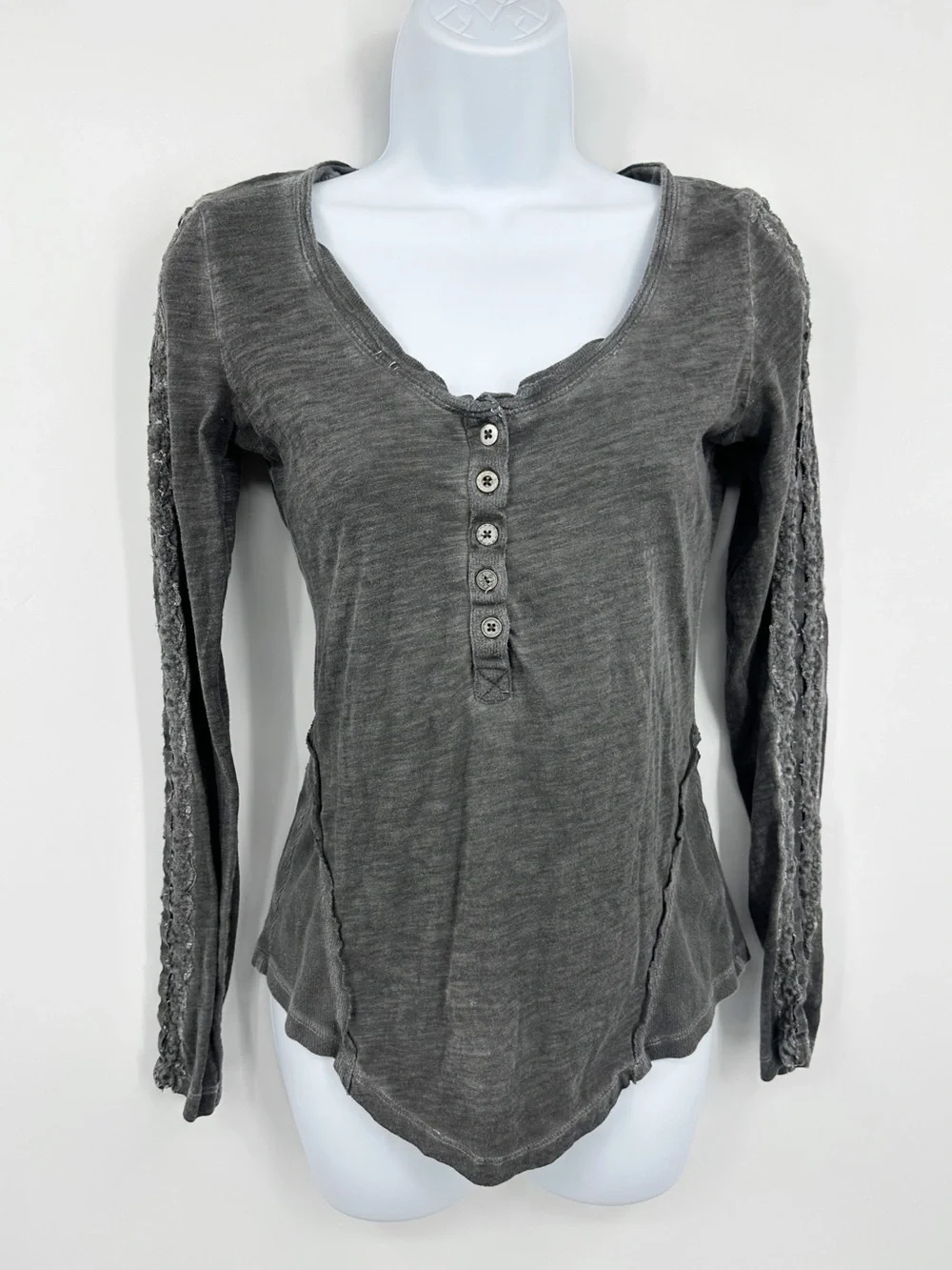 Free People Gray Henley Long Sleeve Cut Out Shirt Size Small Boho